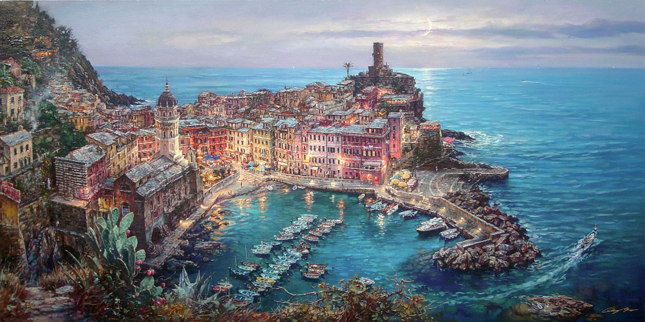 cao yun clair de lune à vernazza peinture mer méditerranée vernazza italie quai bateaux ville maisons cathédrale clair de lune
