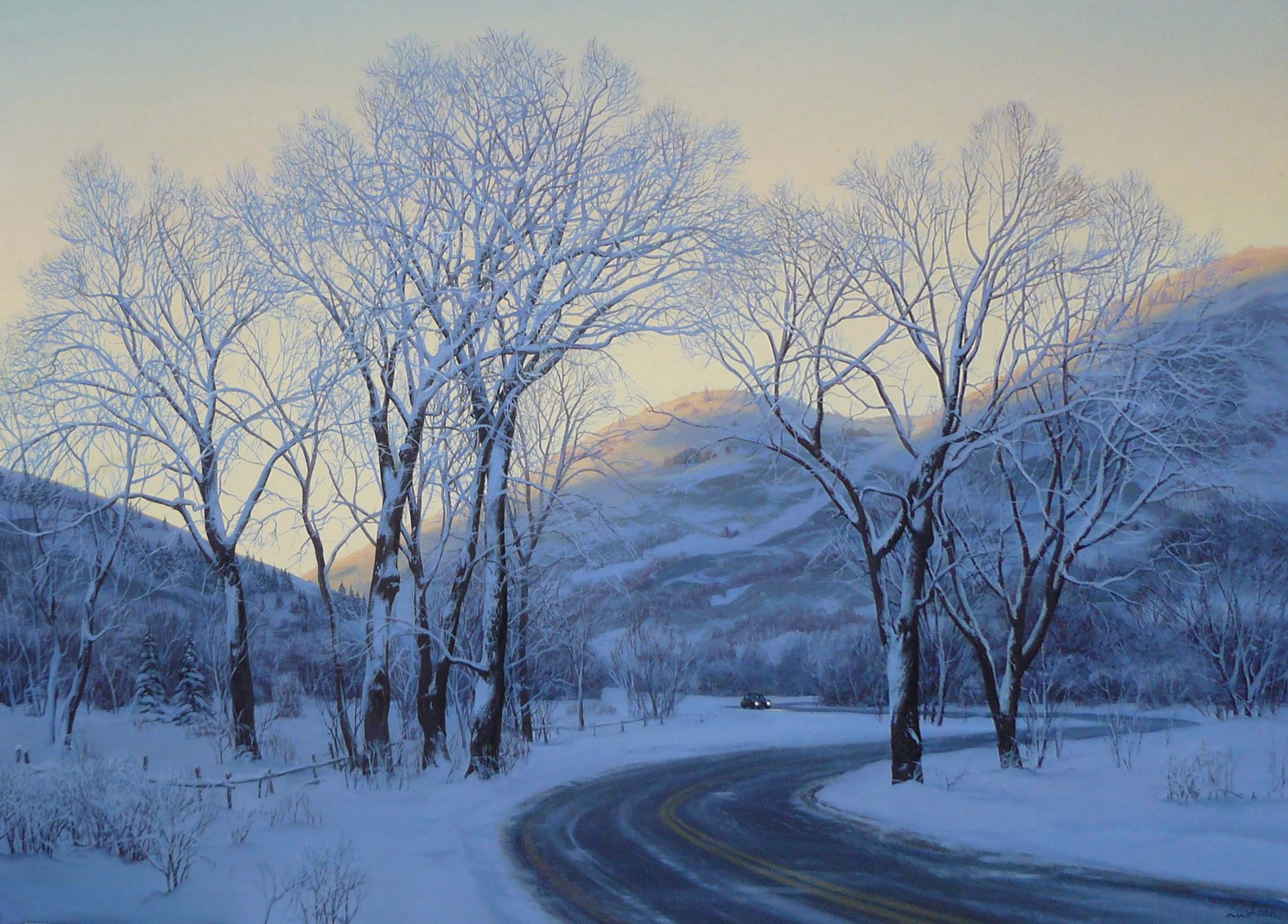 parc de la ville eugène lushpin peinture art lushpin hiver neige route voiture soirée arbres eugène lushpin paysage lushpin hiver machine montagnes