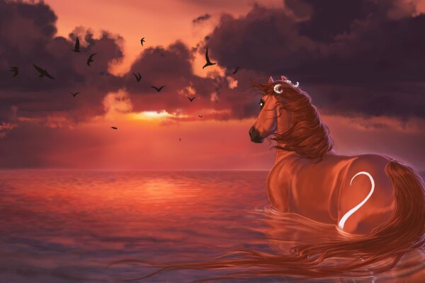 Cheval rouge se trouve dans la rivière rouge du coucher du soleil