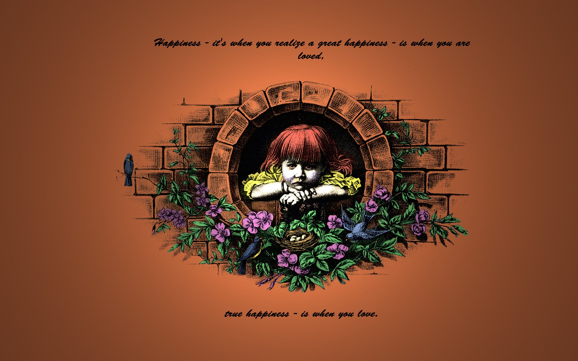 fille rouge oiseaux fleurs mots