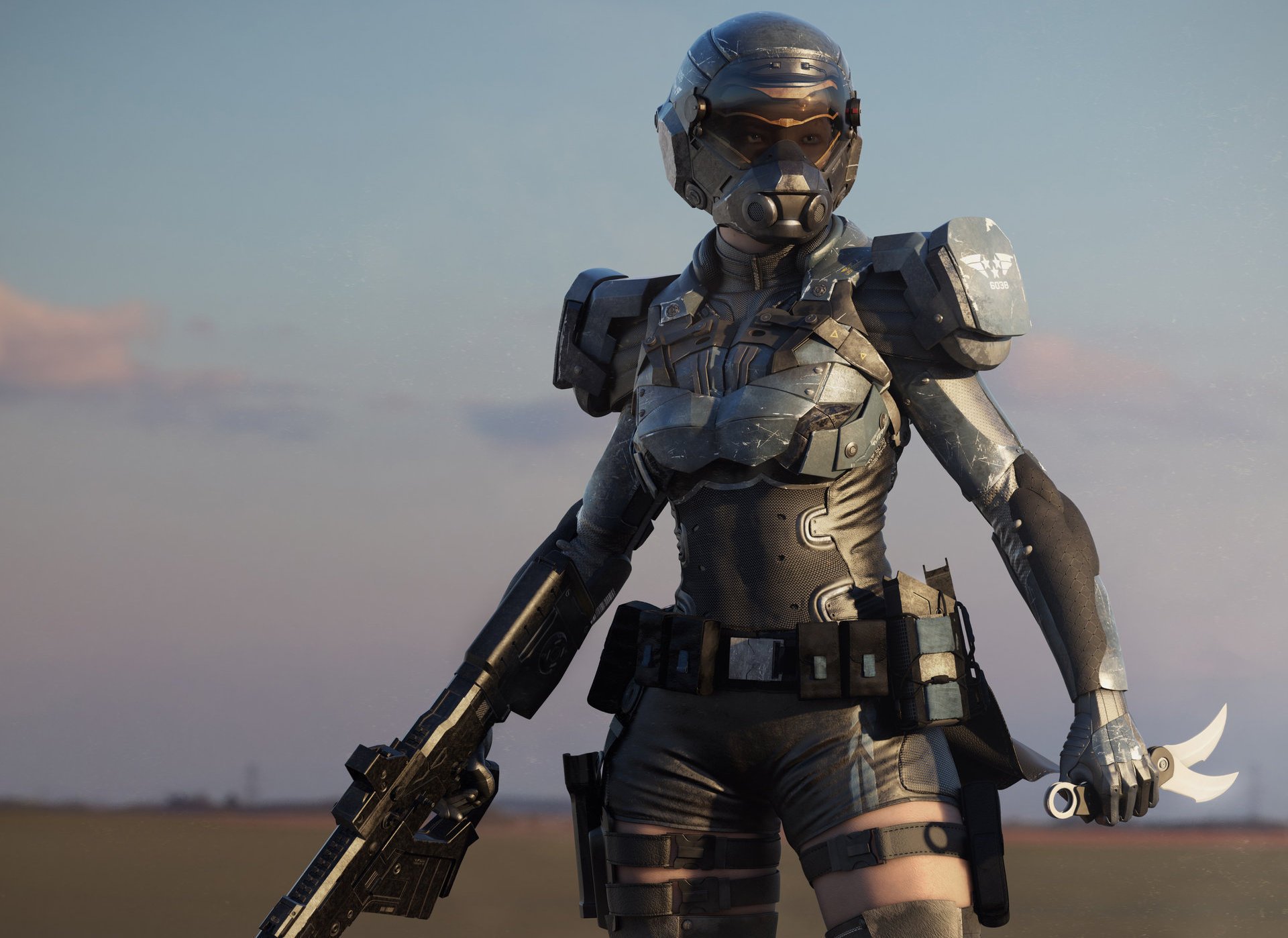 le rendu art fille casque armure des armes des couteaux