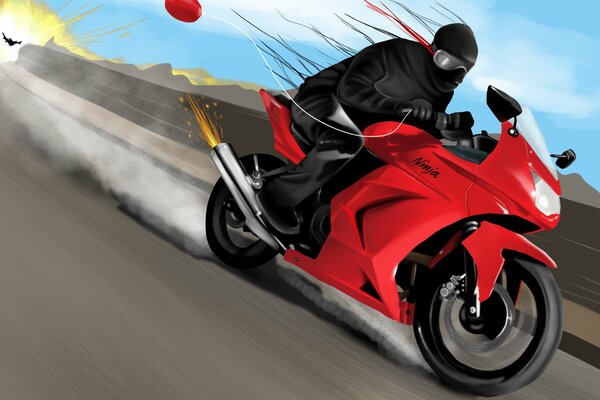 Ninja sur une moto avec un ballon