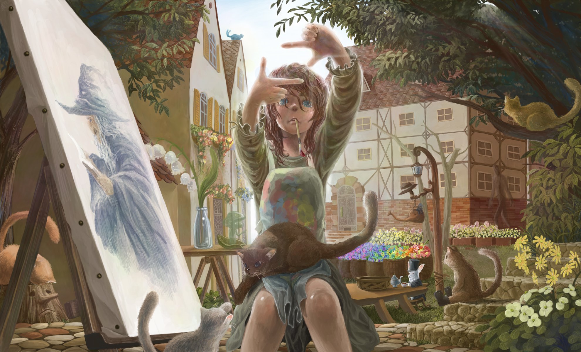 l art gandalf l image le dessin la nature le bon angle le plaisir la jeune fille l artiste l atelier la toile la peinture l huile le chat le chat botté le lapin le thé des fleurs des lys des maisons des arbres