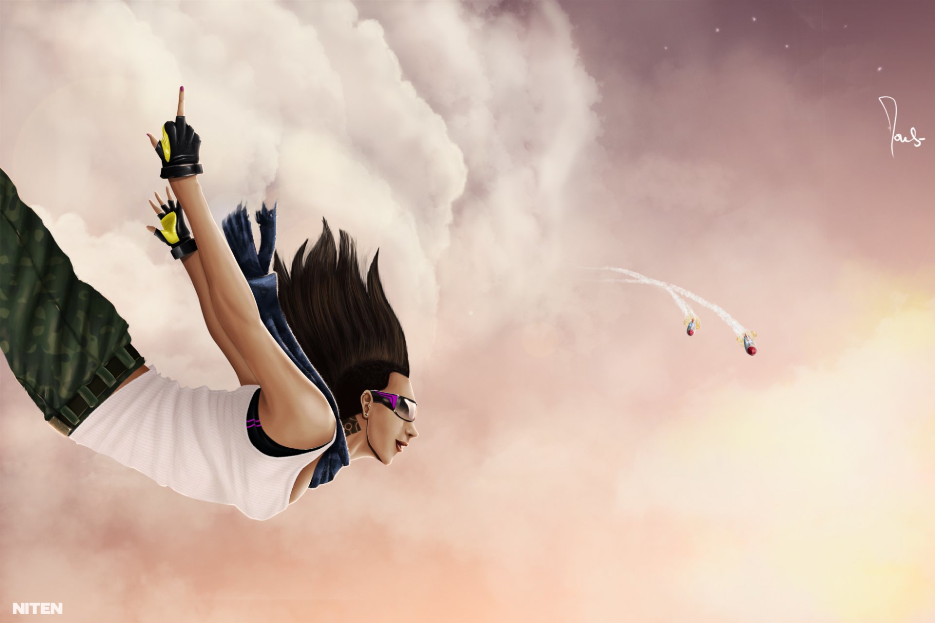 la jeune fille le sourire le doigt du milieu le vol les nuages les missiles piercing