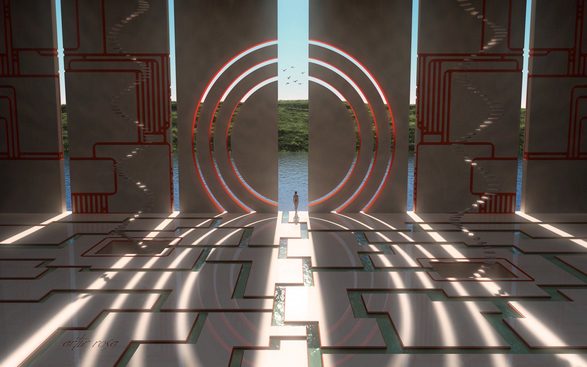 art fille murs rayures eau verdure maison lignes paysage cercles oiseaux escaliers surréalisme