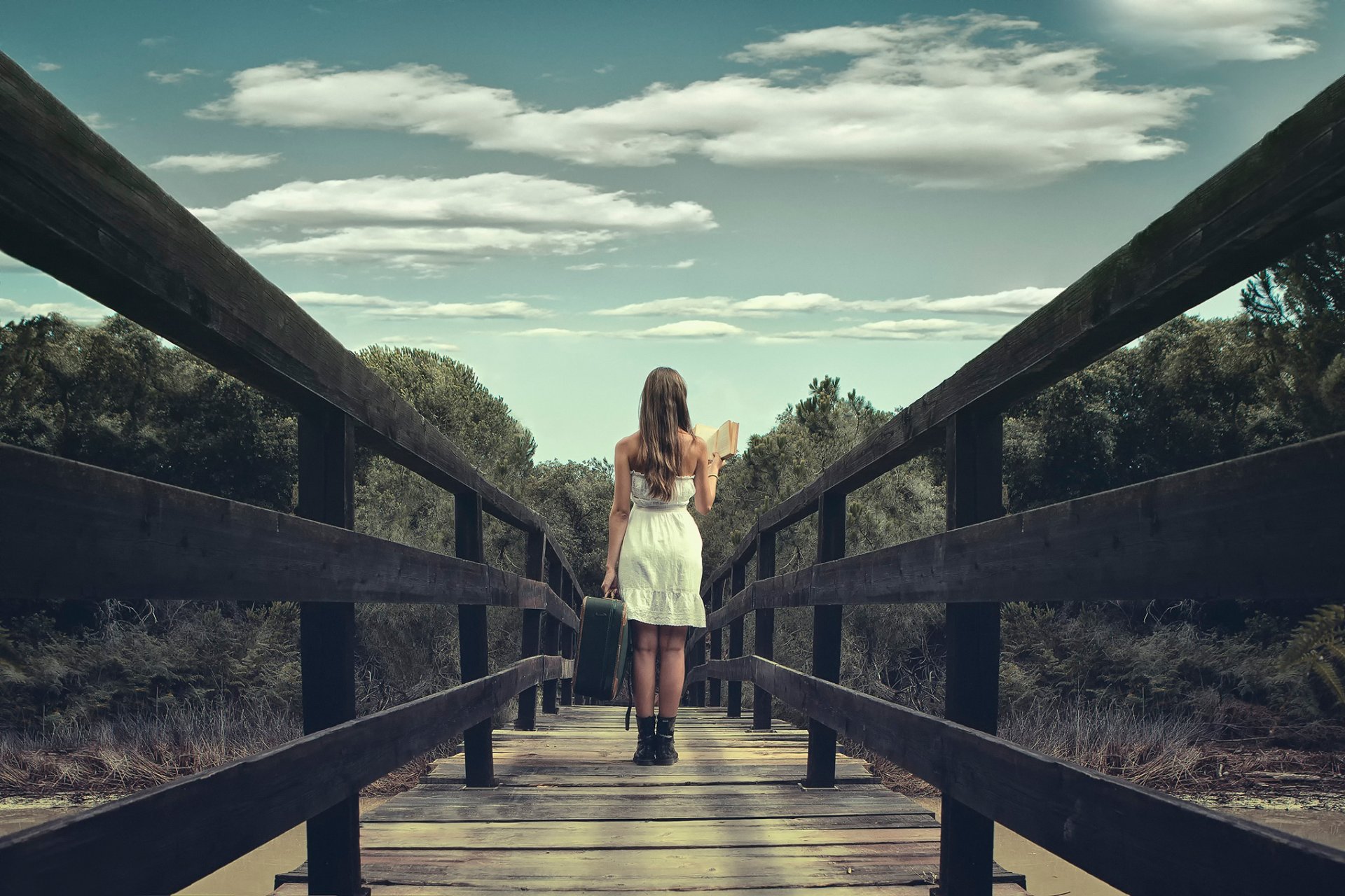 un pont une jeune fille une valise un livre