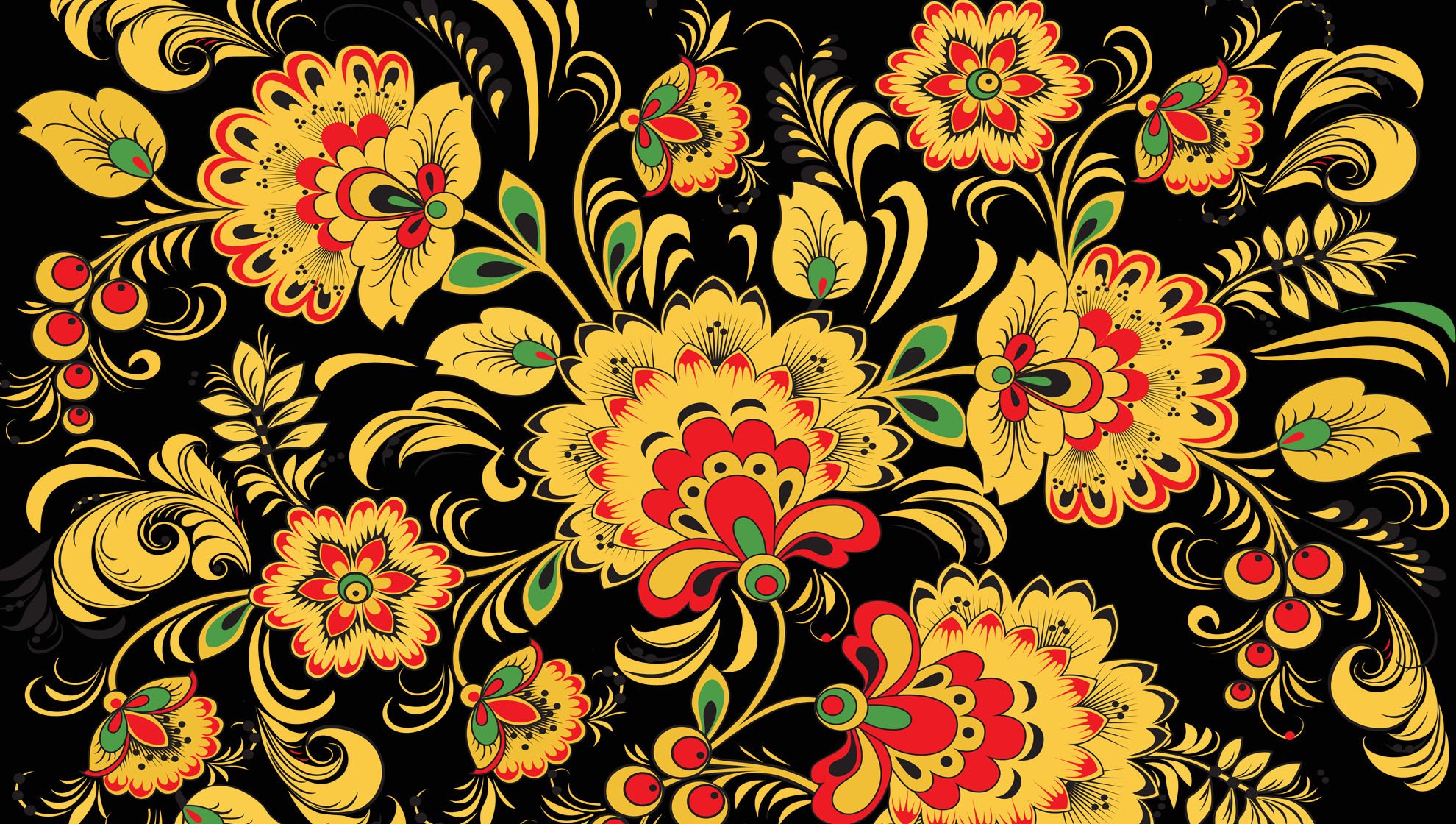 khokhloma modèle motifs fleurs jaune feuilles fond baies russie