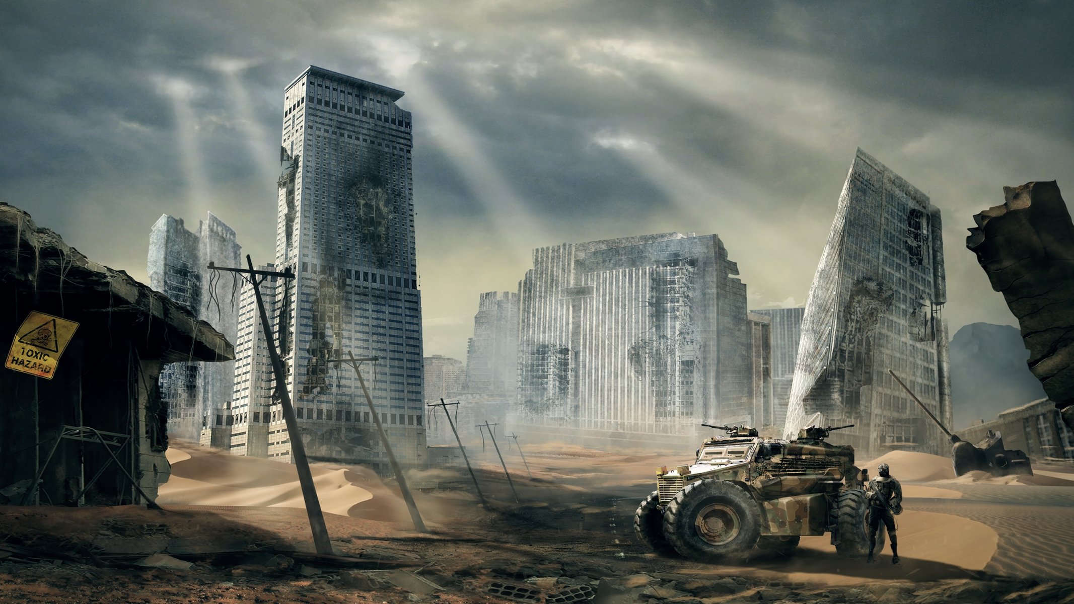 art ville sable ruines abandon post-apocalypse voiture homme canons lignes électriques