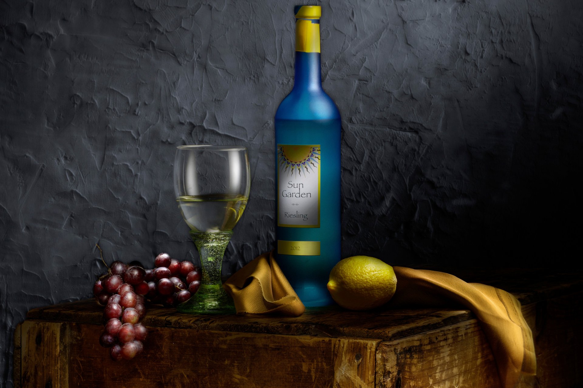 bouteille de vin nature morte raisin citron vin verre à vin