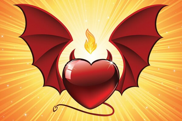 Coeur avec des ailes sur fond de feu