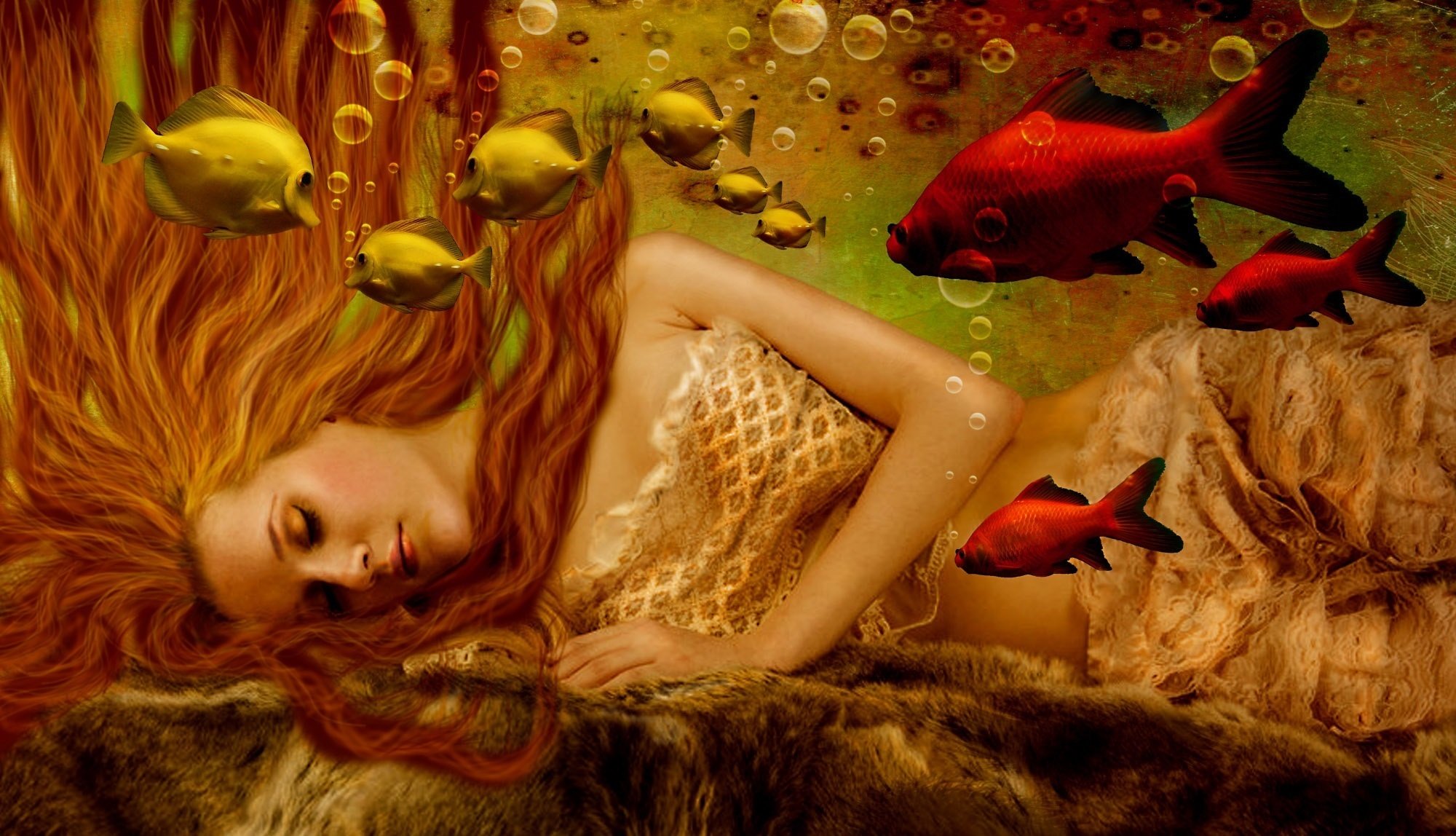 fiction fille sirène eau bulles visage cheveux long mains poissons
