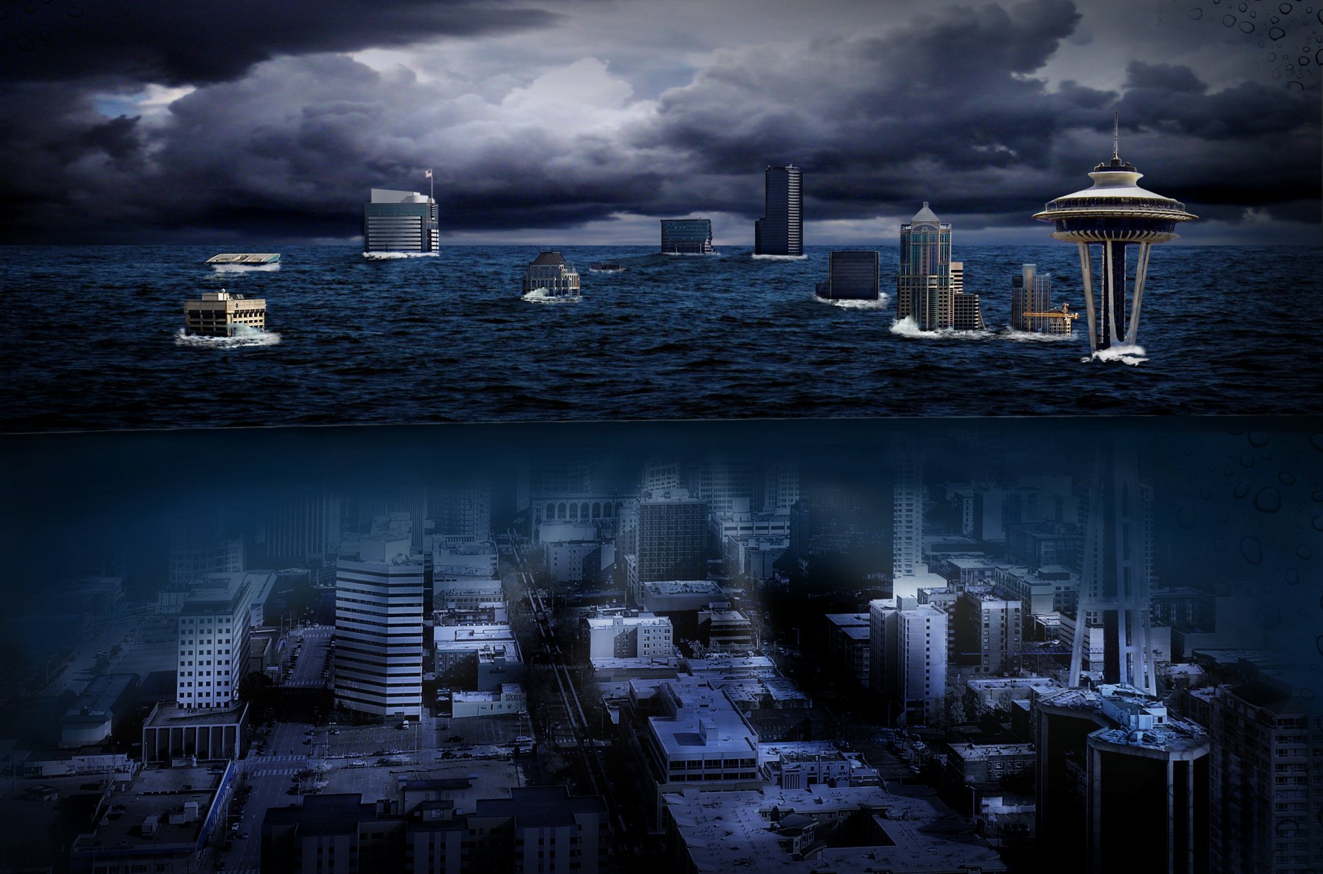 l eau seattle washington états-unis ville nuit space needle tour mer seattle space needle space needle ville sous-marine