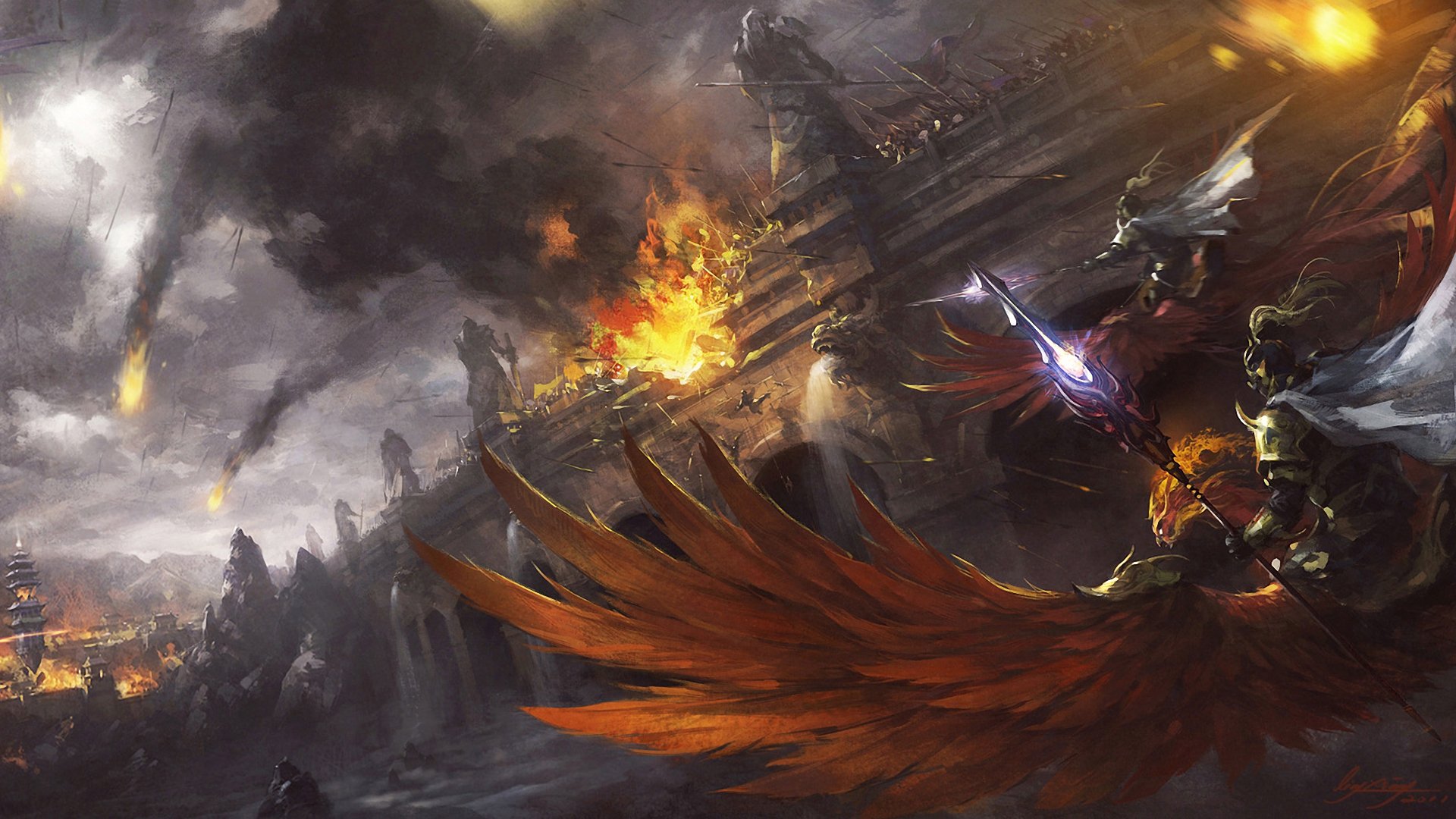 art armée pont bataille feu cavaliers oiseaux vol