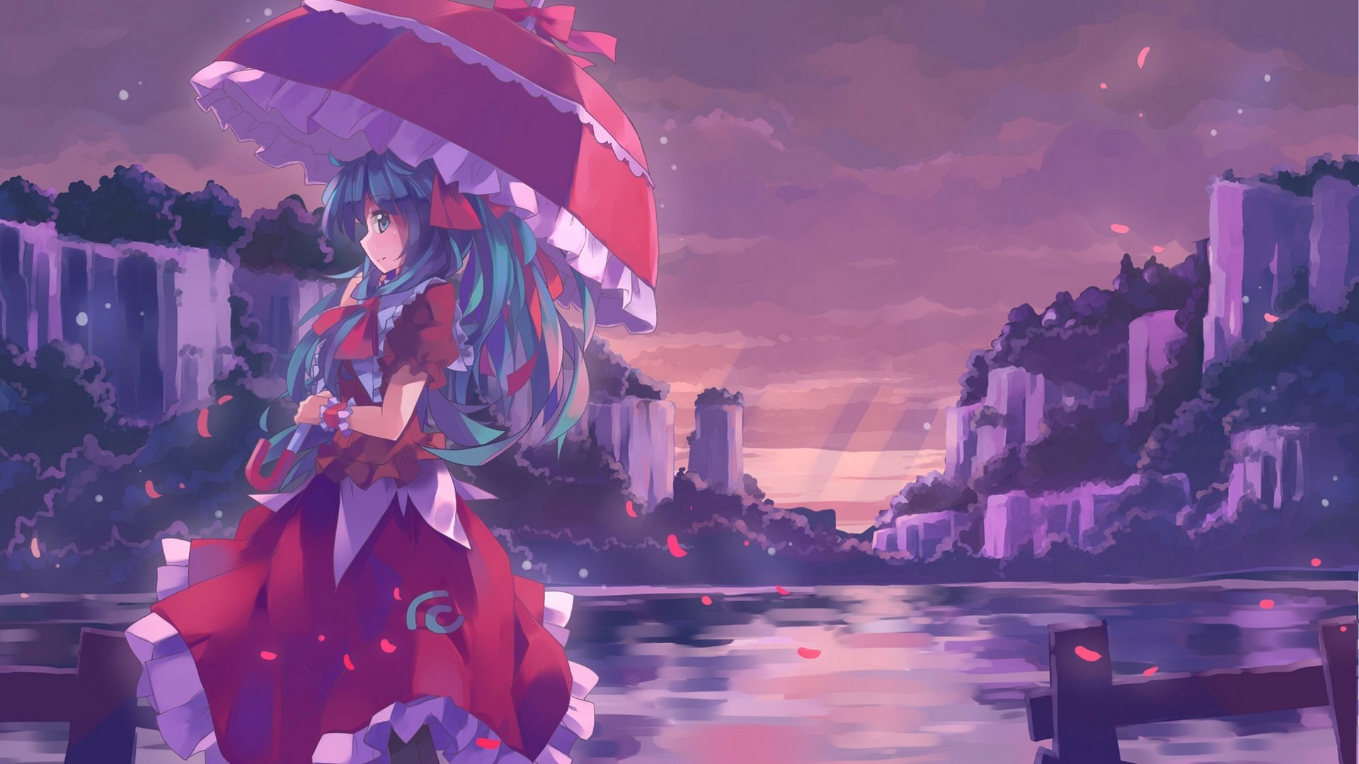 touhou kagiyama hina fille parapluie robe eau sourire pétales