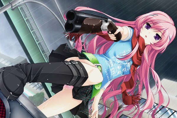 Anime fille avec des cheveux roses et un pistolet
