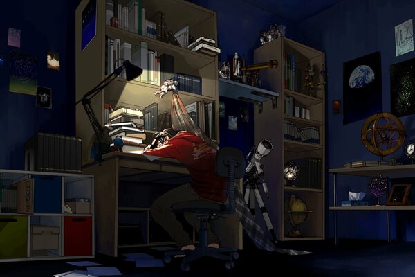 Art anime gars fatigué derrière le bureau