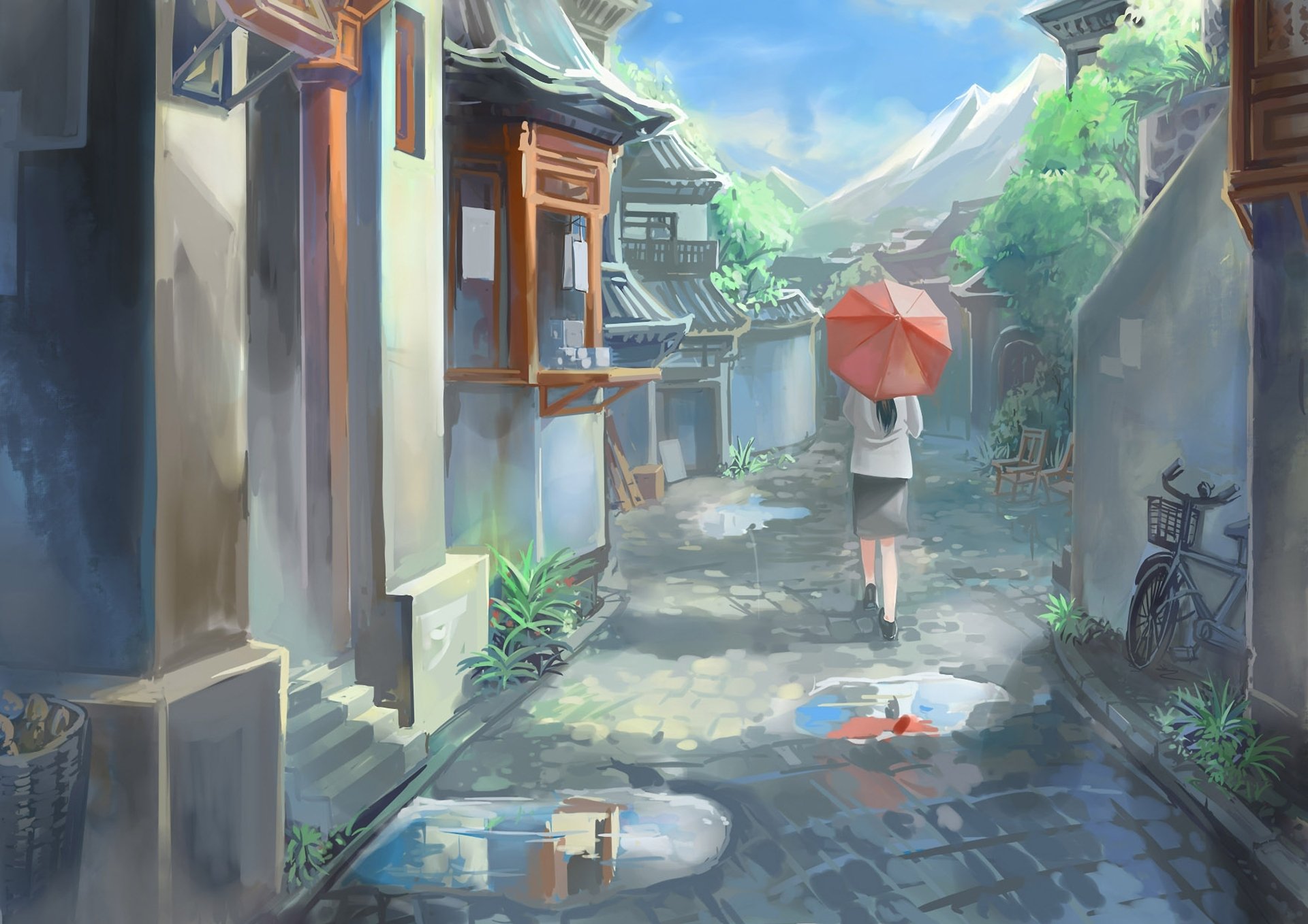 art dessin streamingsun ville maison été parapluie parapluie fille flaques d eau montagnes vélo