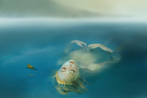 Fille dans le lac brumeux