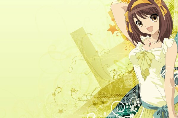 Anime fille sur fond vert jaune
