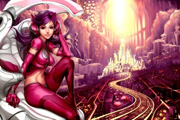 Neo fille avec gros seins dans un casque sur le fond de la ville