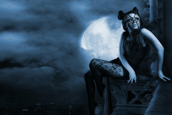 Art Fille chat masqué en collants en résille