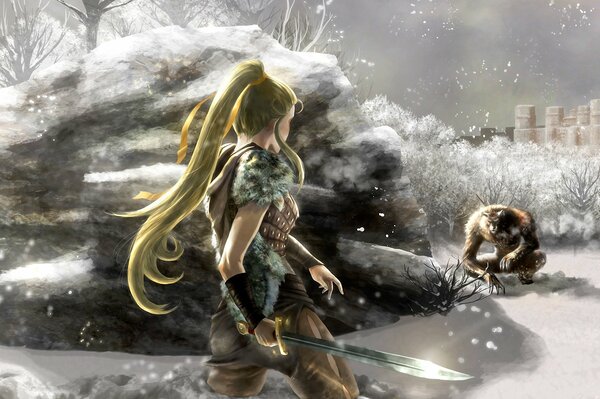 Fille avec une épée et un monstre (lycanthrope)