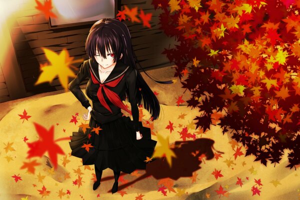Fille dans les feuilles d automne anime