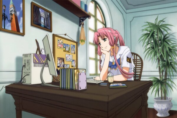 Anime girl à la table d ordinateur