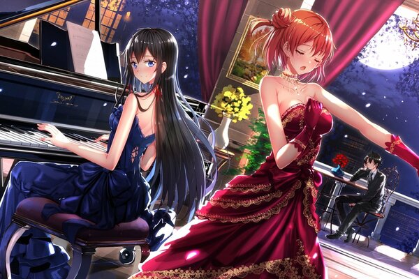Deux filles d anime en robes l une joue du piano, l autre danse