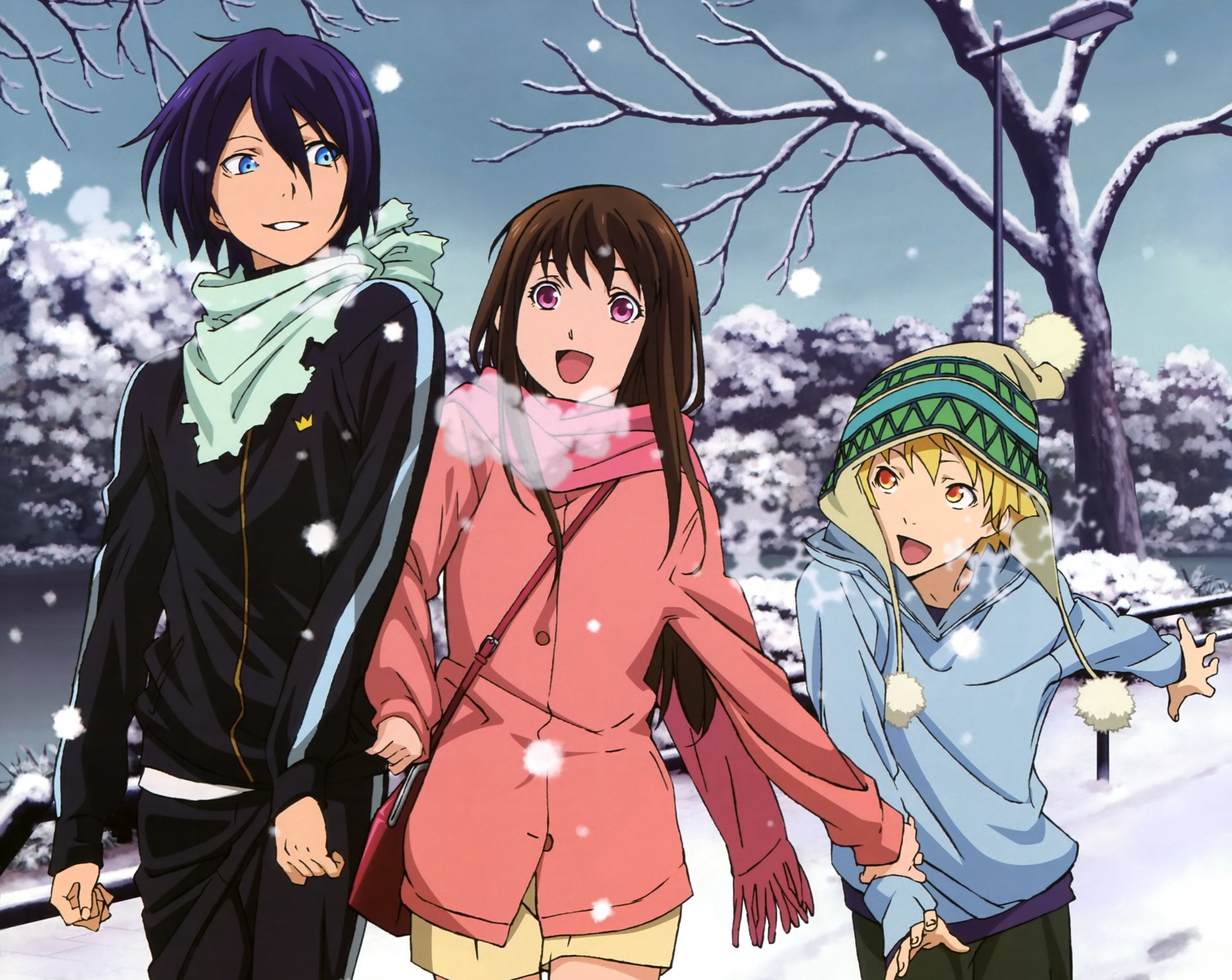 art anime noragami yato yukine iki hiyori fille garçons neige hiver froid écharpe