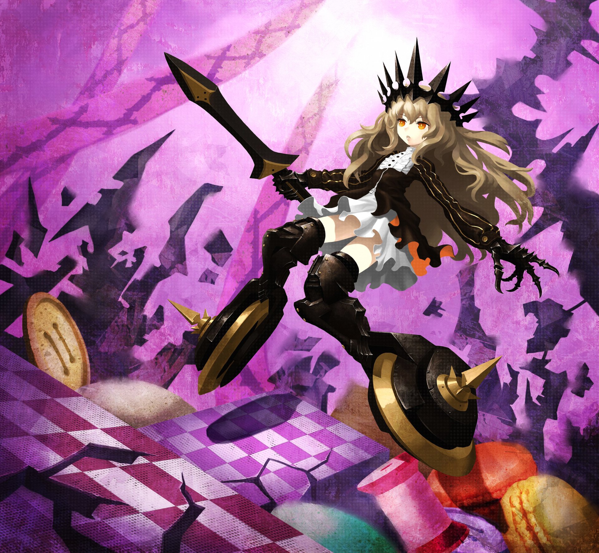 art anime black rock shooter black rock shooter char izuriha kagari fille épée couronne arme bonbons biscuits boutons bobine