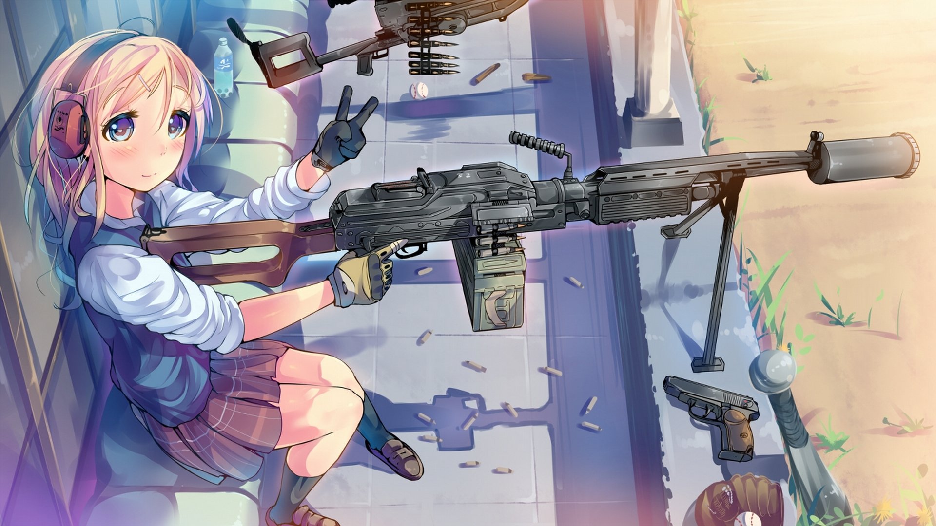 art daito arme pistolet casque balles bouteille eau fille anime