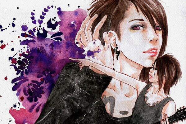 Dessin à l aquarelle. Tatouage et guitare