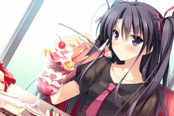 Mignon anime fille avec de la crème glacée