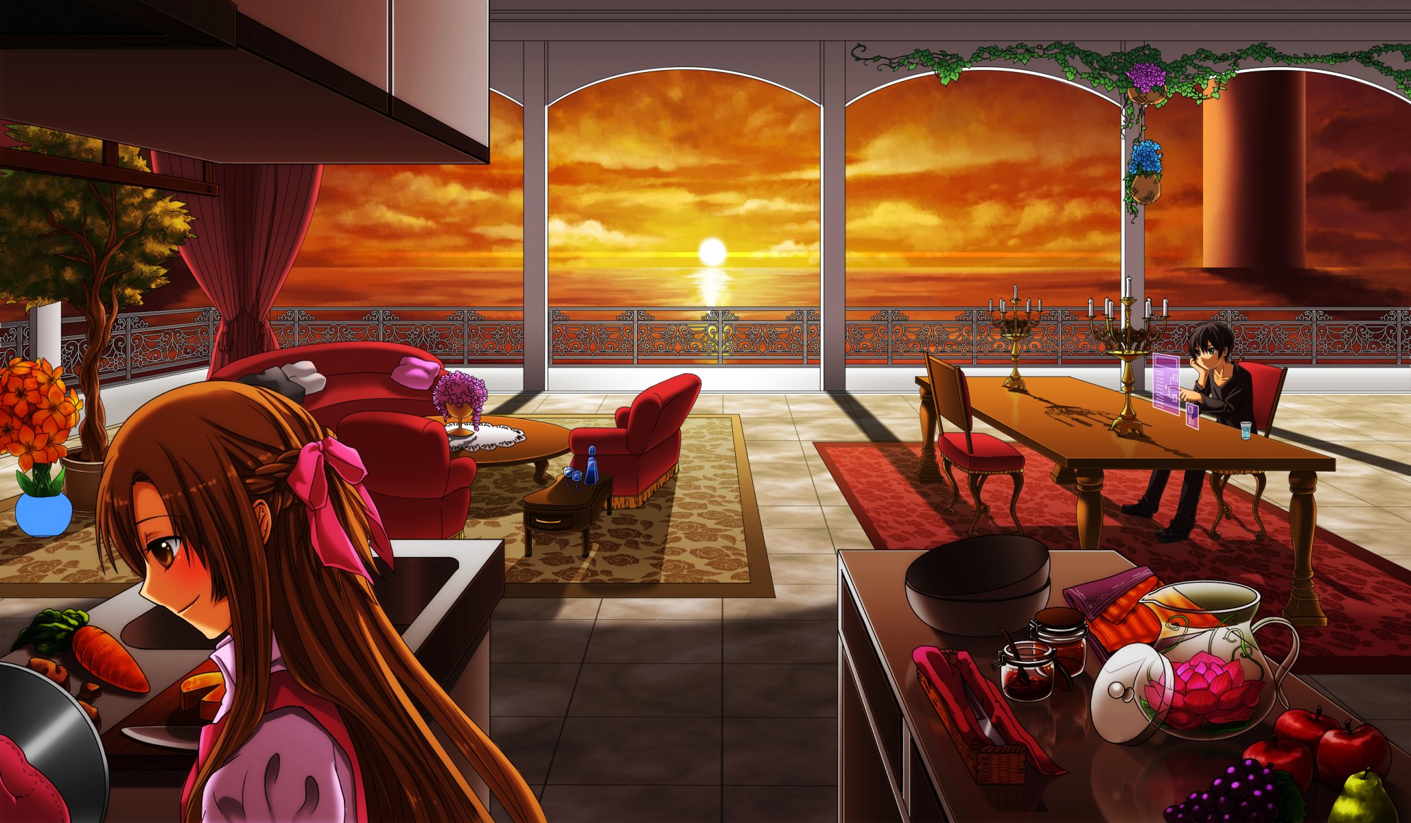 épée art en ligne yuki asuna kirito fille gars chambre tables coucher de soleil fruits mer cuisine