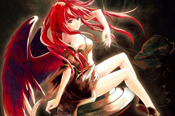 Fille en rouge avec de longs cheveux et des ailes
