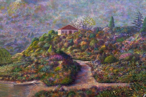 Maison de paysage dans le jardin dans les montagnes