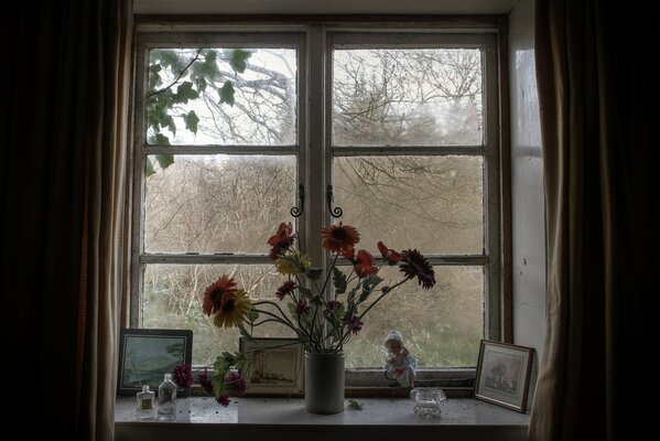 Maison dans le village. Vase à fleurs