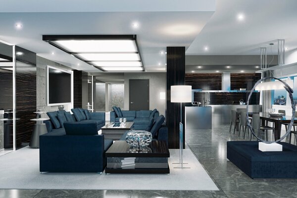 Conception de salon de style bleu et blanc