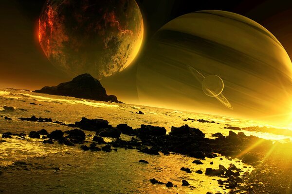 Art coucher de soleil planète satellite