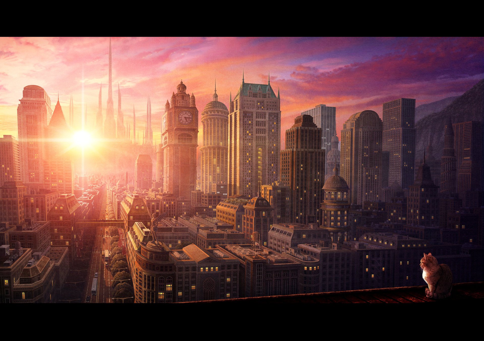 horloge ville coucher de soleil chat chat kote métropole flèche flèches fenêtre lumière rue toit toits