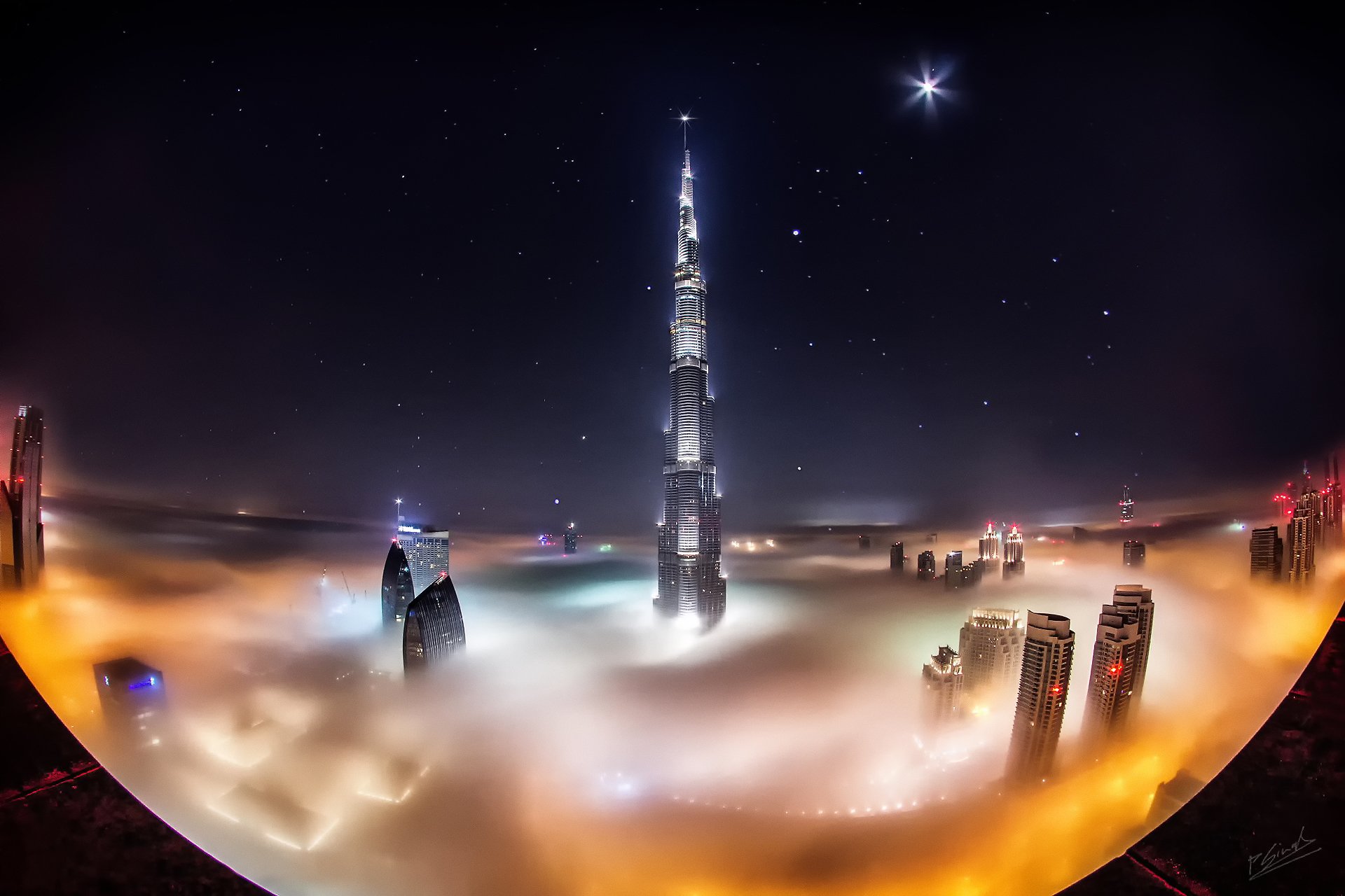 eau ville dubaï tour burj khalifa nuages brouillard nuit étoiles