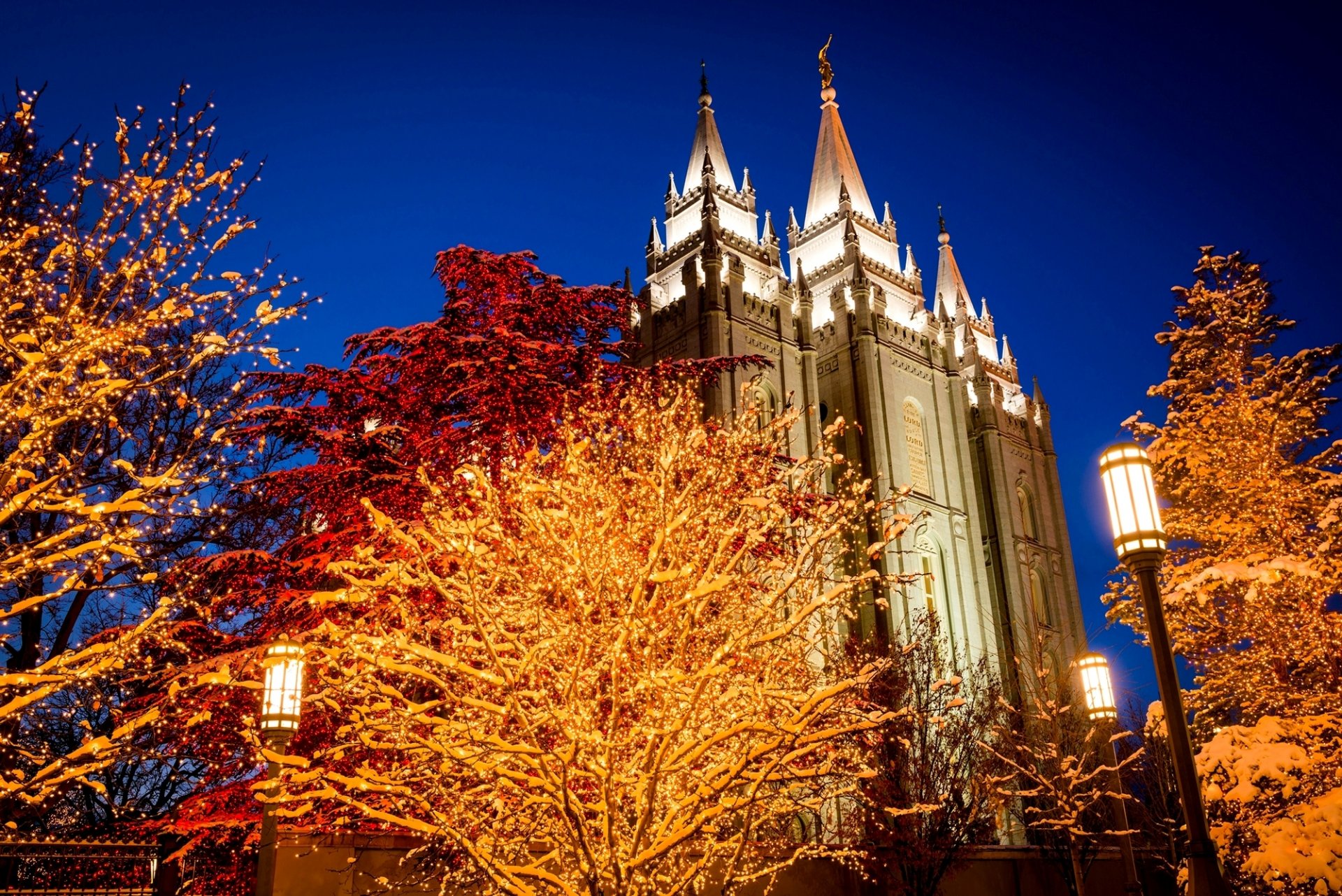 utah place du temple salt lake city états-unis états-unis nuit ville place église hiver vacances arbres lumières guirlandes lanternes lumière