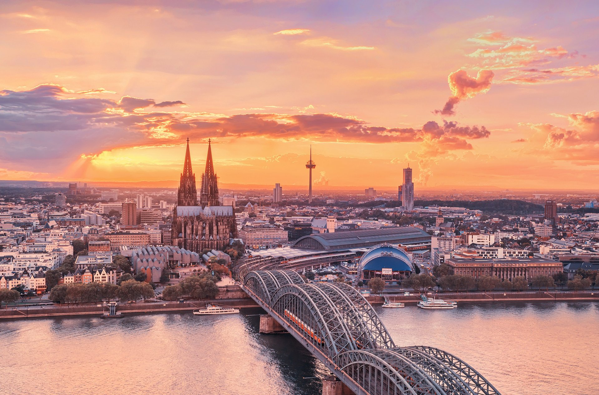 cologne coucher de soleil ciel ville allemagne pont rivière rhin