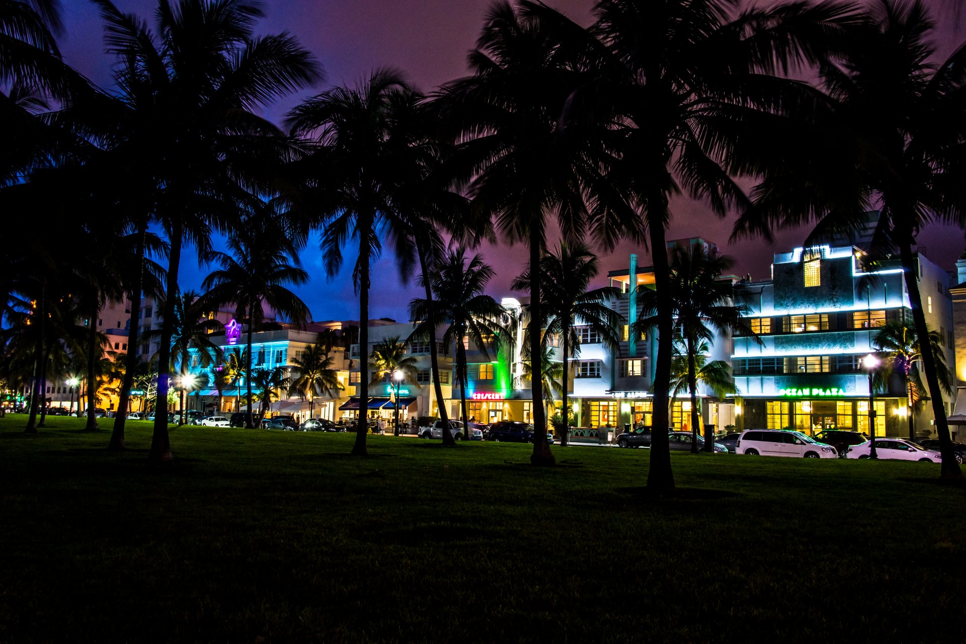 miami floride south beach nuit palmiers voitures maisons hôtels vice-ville