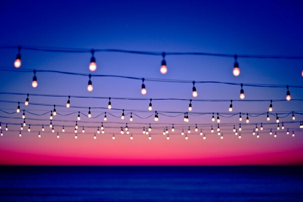 Lampes brûlantes sur les fils sur fond de coucher de soleil