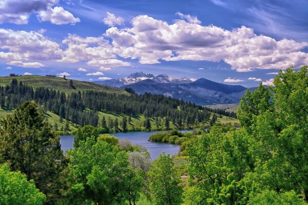 VALLÉE AVEC LAC AU PIED DES MONTAGNES