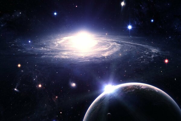 Planète sur fond de galaxie, obscurité