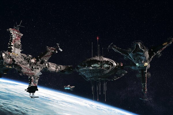 Vaisseaux spatiaux fantastiques sur fond de planète
