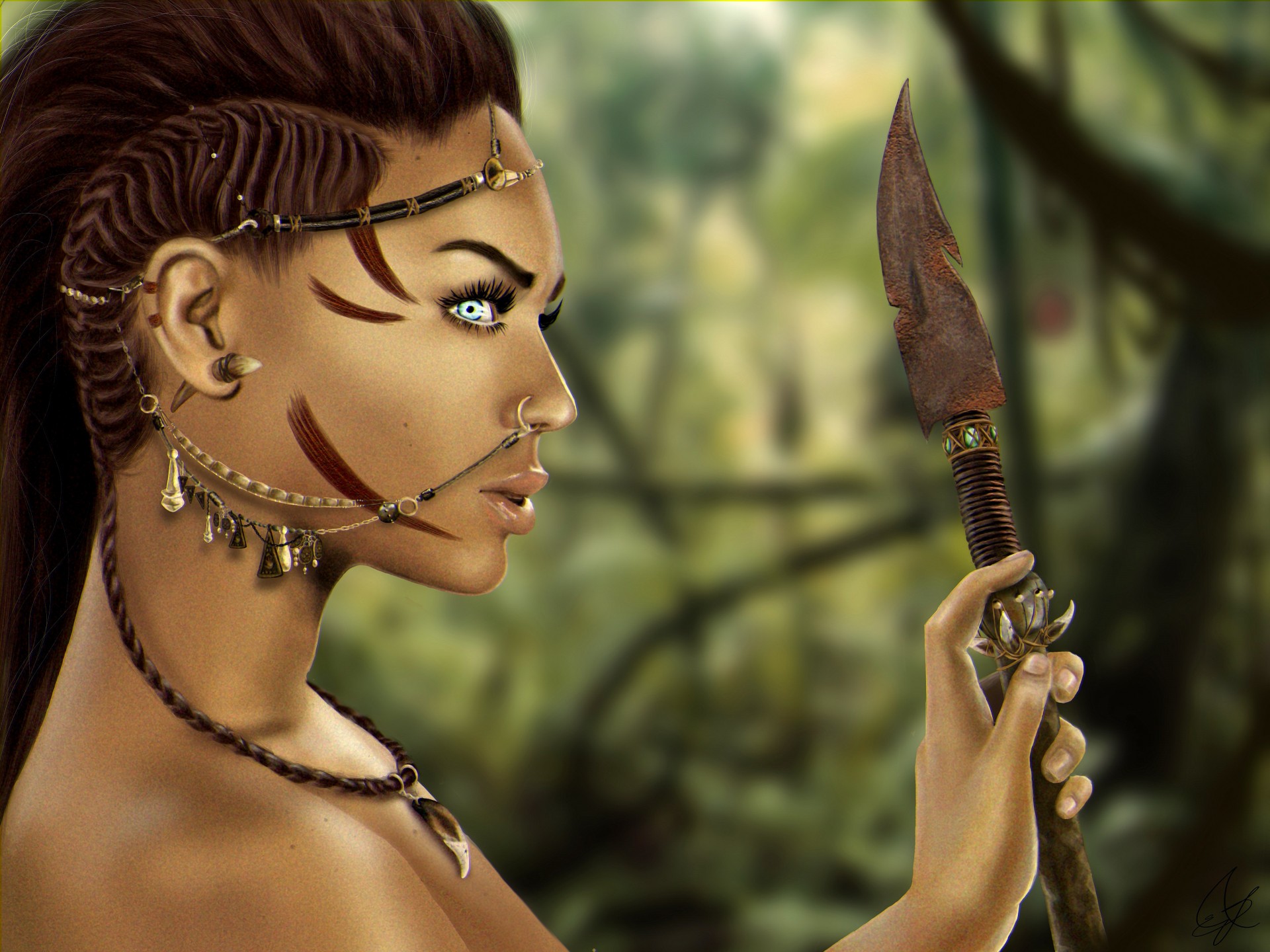 visage fille lara croft yeux lance tresses bijoux profil cils amazon